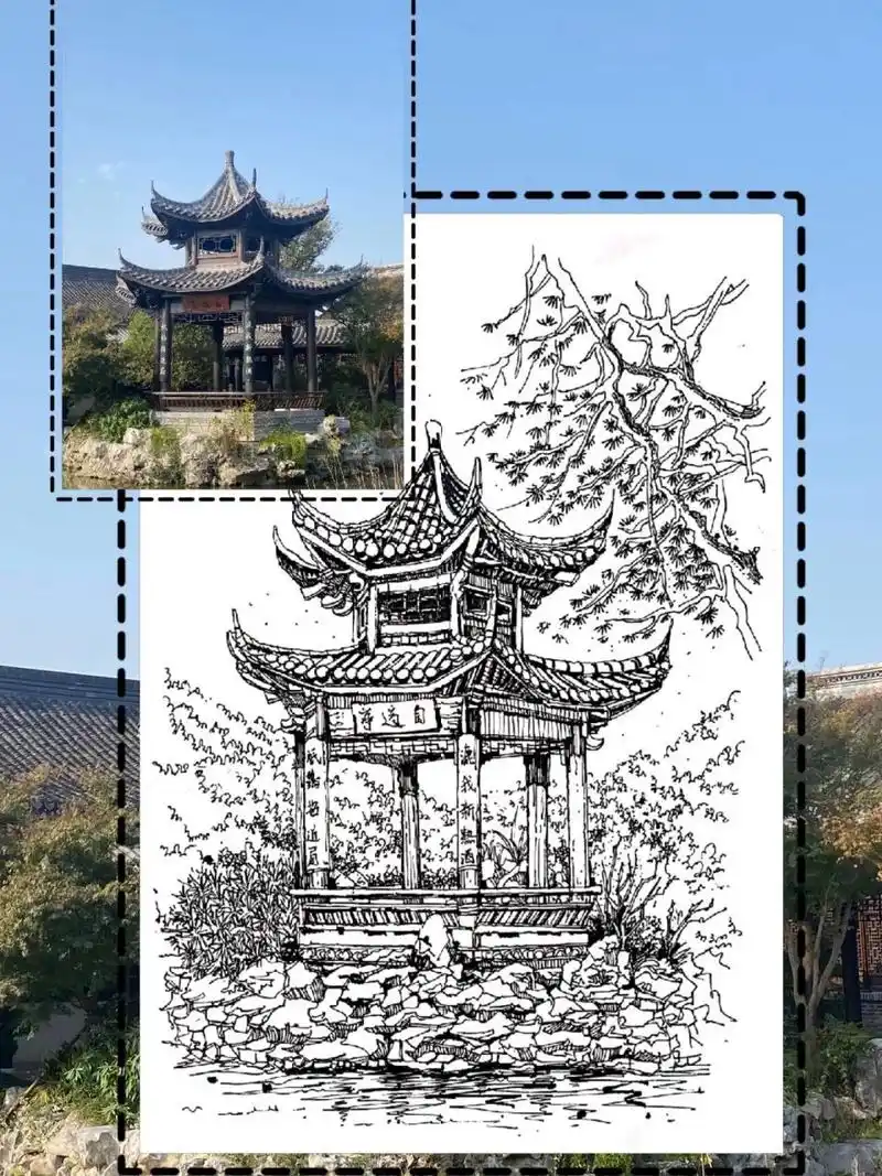 夏树丨小亭子–附过程 建筑速写分享钢笔画 约稿didi!