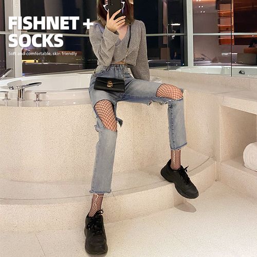 破洞牛仔裤渔网袜女jk制服ins黑色丝袜大网格辣妹搭配鱼网镂空