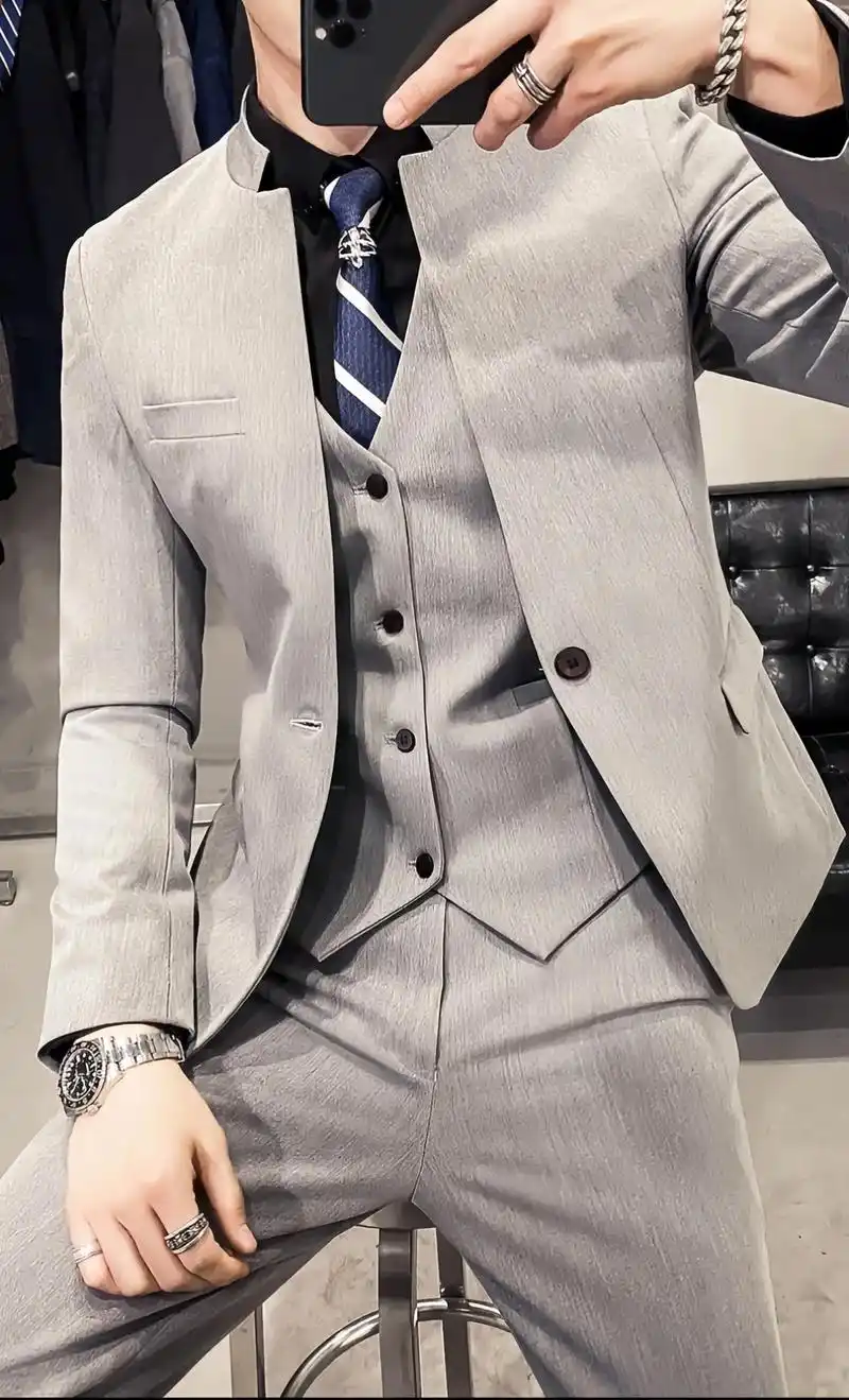 英伦风休闲西装男套装潮流痞帅青年西服三件套立领中山装男士外套