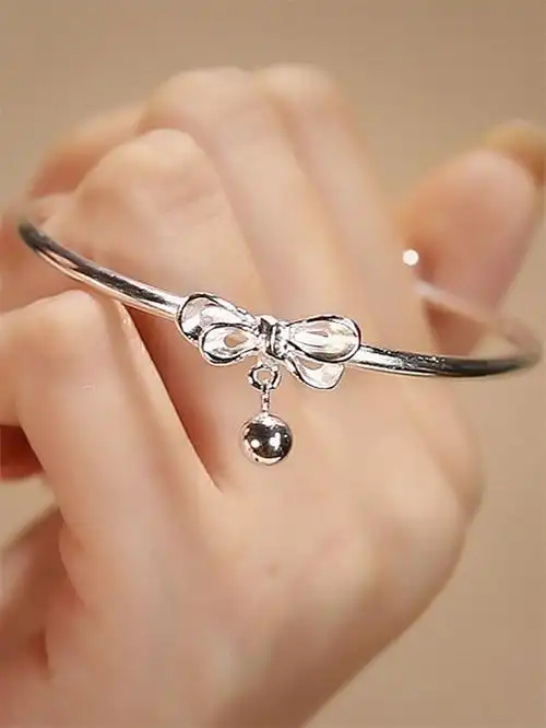 蝴蝶结铃铛在逃公主手镯纯银990足银饰镯子礼物送女友可爱推拉