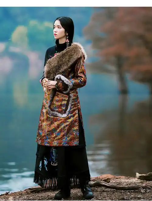 花制作朗格多姆冬季新款改良藏袍棉袄民族风中长款高端织锦棉衣