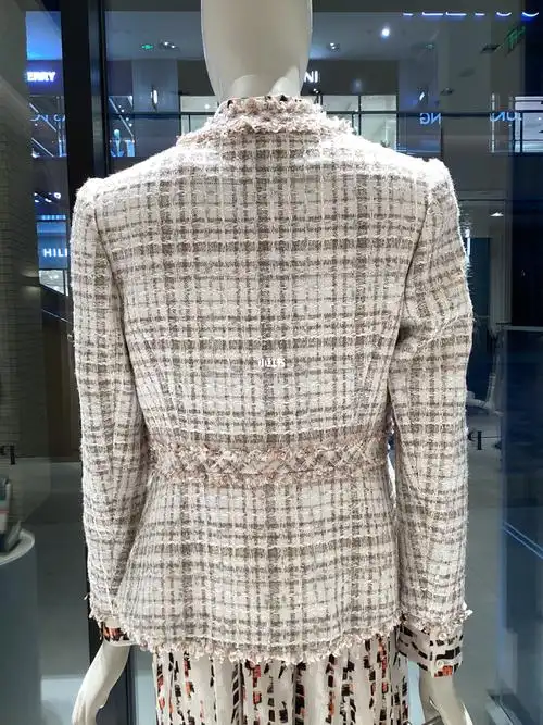 宝姿春季v领毛边闪葱粗花呢外套