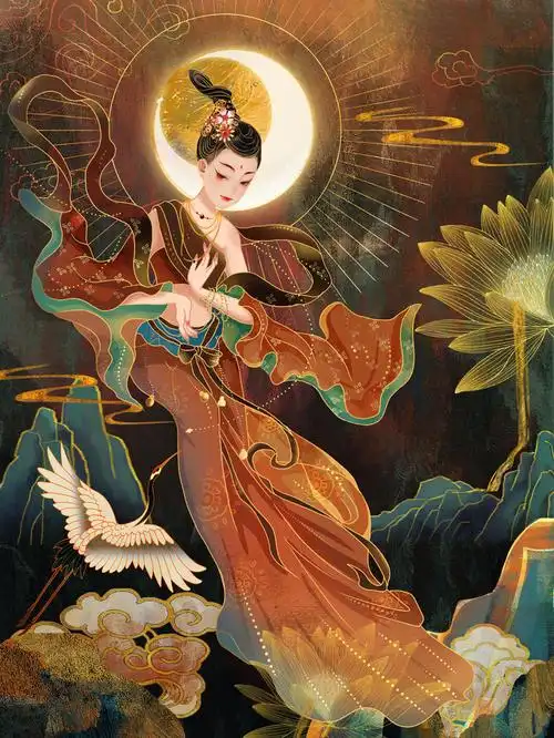 复古中国风国潮神话人物敦煌插画仙女手绘海报背景psd设计素材psd模版