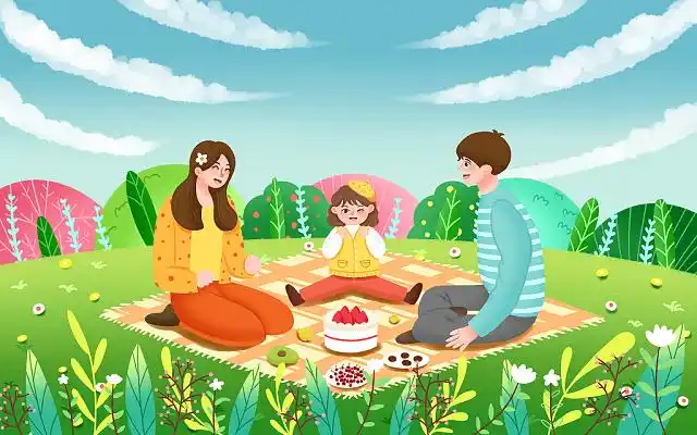 春分春天春彩色卡通手绘春天立春春分一家人春游踏青野餐原创插画海报