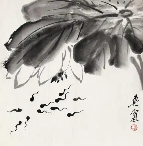 3126墨荷蝌蚪镜心水墨纸本