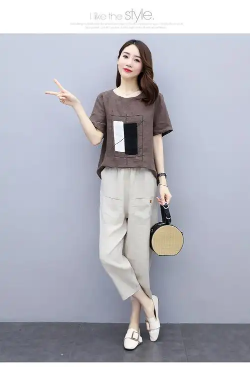 休闲时尚棉麻套装女2020年夏季新款韩版宽松撞色拼接九分裤两件套