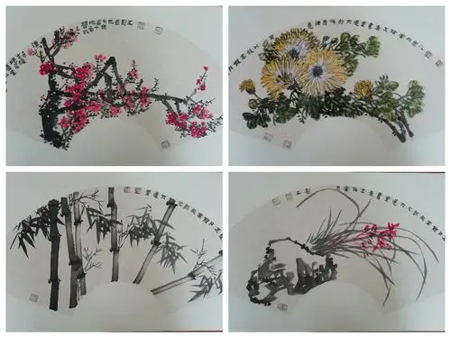 为朋友客厅创作的《梅兰竹菊》四君子扇面一套.