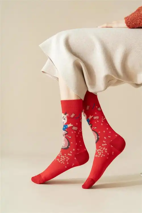 新款国潮袜子女新年大红喜庆中筒袜 ins网红名族风四季棉袜 自选2双