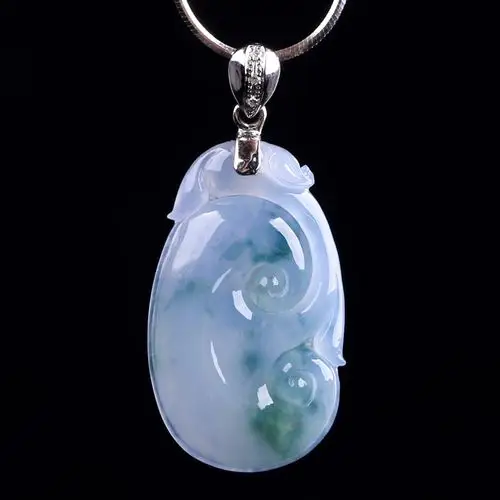 天然a货翡翠18k白金扣头冰种紫罗兰飘花如意吊坠2.86g