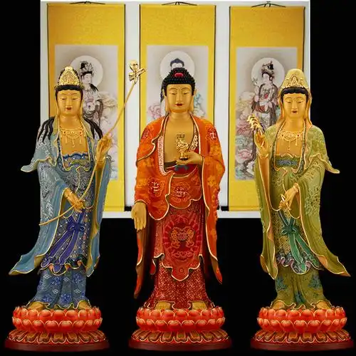 台湾工艺纯铜鎏金精工彩绘西方三圣佛像站阿弥陀佛观世音菩萨铜像