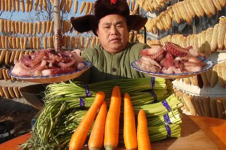 农村大锅哥,买了3.5斤八爪鱼15斤蒜苔2斤胡萝卜,炒了一大锅好吃