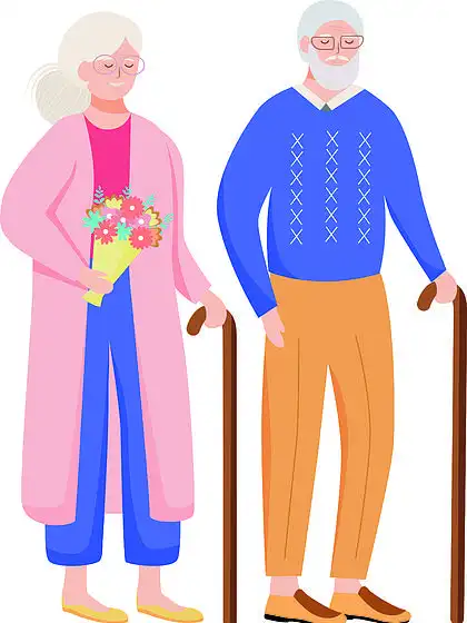 退休人员平面矢量图.带拐杖的老年家庭.老夫妇 i>花 /i>时间在一起.