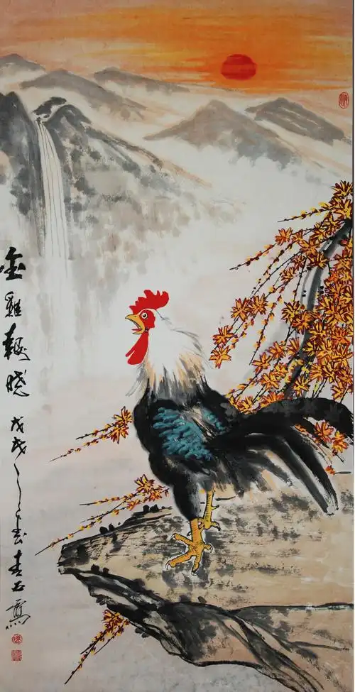 国画大公鸡雄鸡金鸡报晓年画平安动物海报装饰现代装饰画