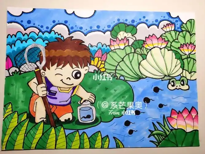 池塘清凉一夏主题画儿童画马克笔简笔画多乐绘马克笔母婴早教