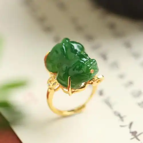 熹瑞s925纯银镀金天然和田玉碧玉貔貅戒指国风雕刻气质开口女指环