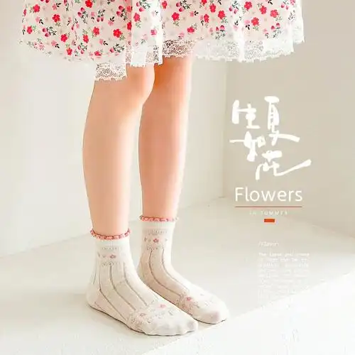 敏榴女童袜子春夏薄款花朵甜美透气网眼公主袜女孩袜子中大童棉袜