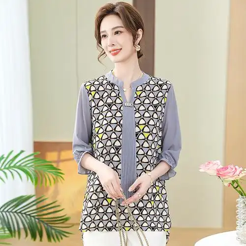 中年妈妈夏装新款洋气短袖t恤女40岁50中老年人女装宽松小衫上衣