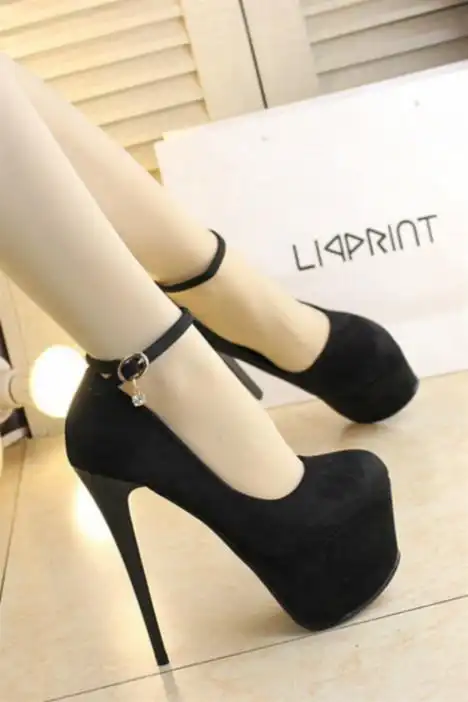 单鞋黑色绒面一字扣细跟夜店鞋防水台性感名媛淑女高跟鞋舞台走秀鞋