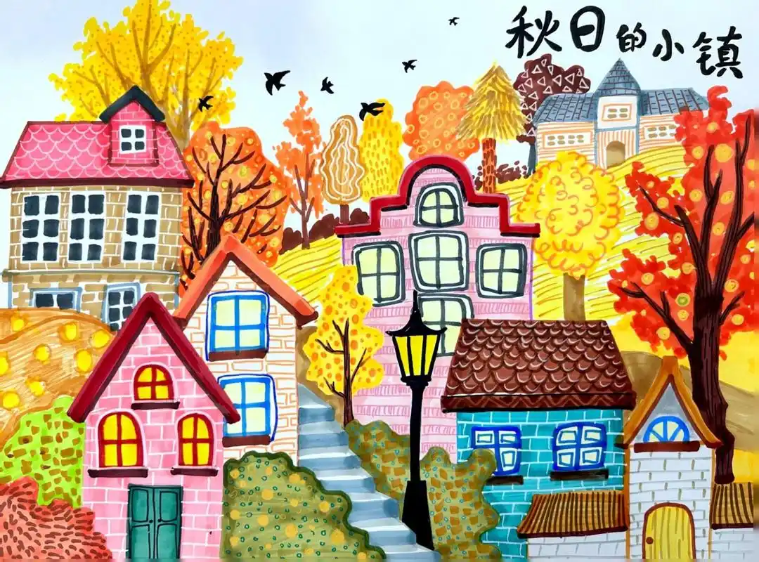 秋日小镇,浪漫的秋日,秋天的童画 浪漫的,绚烂的秋日,温暖的颜色,怎能