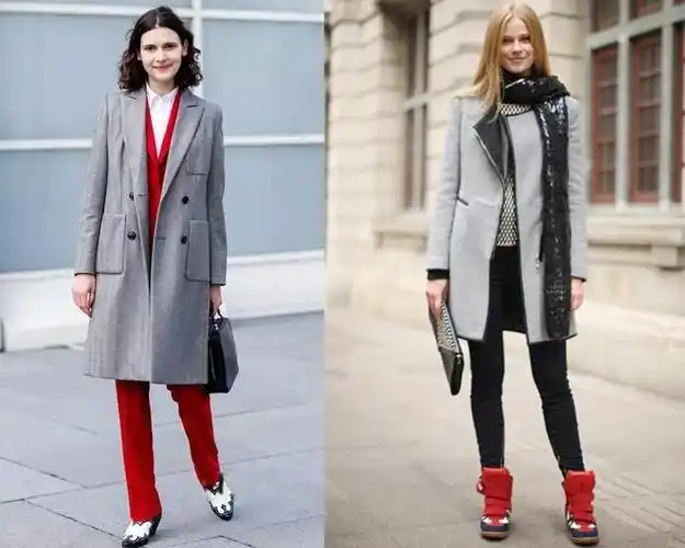 气质女神少不了一件灰色大衣,灰色大衣百搭又时髦,搭配一条红色阔腿裤