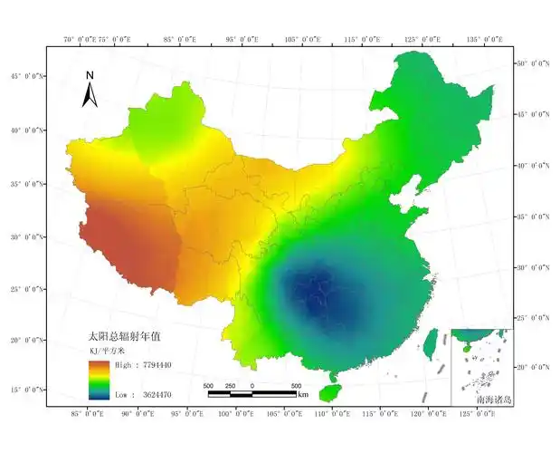 上图是根据中国气象科学数据共享服务网提供的太阳总辐射年值数据插值