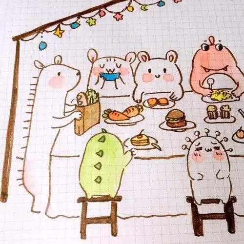 家人一起吃晚餐的简笔画