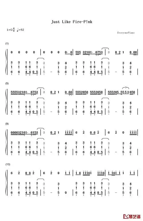 just like fire钢琴简谱-数字双手-p!nk1