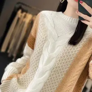 圆领毛衣女宽松套头针织羊毛衫撞色外套重磅加厚拼色100纯羊绒衫