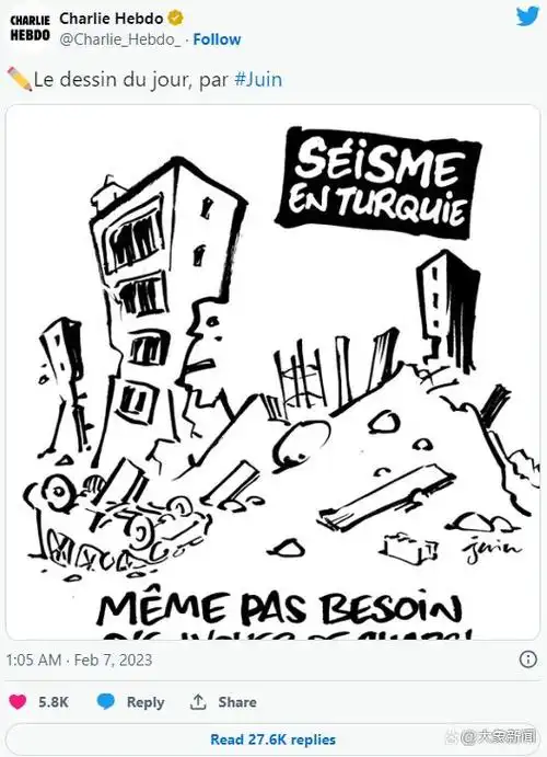 报道,法国《查理周刊》7日刊登了一则漫画,画中描绘了倒塌的废墟建筑