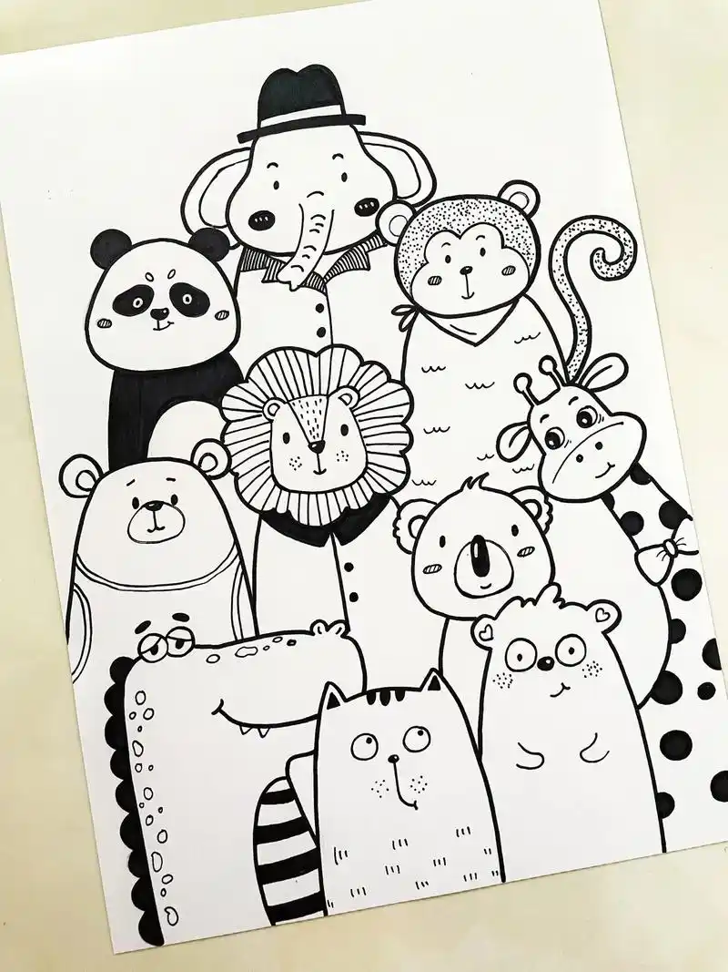 动物叠叠乐.简单的线描装饰画,9615详细步骤.