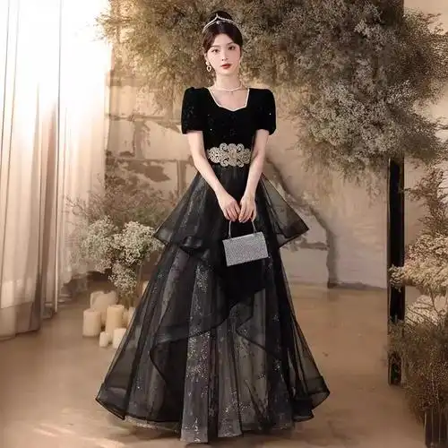 黑色晚礼服女2024新款长袖端庄大气年会宴会主持人法式艺考连衣裙