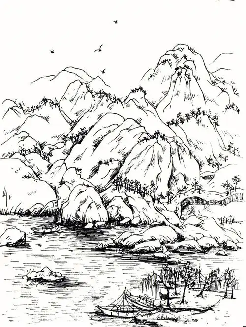 速写  #千里江山图  #风景手绘  #钢笔画  #钢笔风景速写