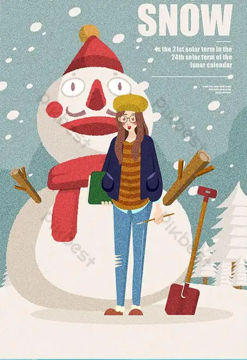 cute cartoon snowy season girl with snowman illustration