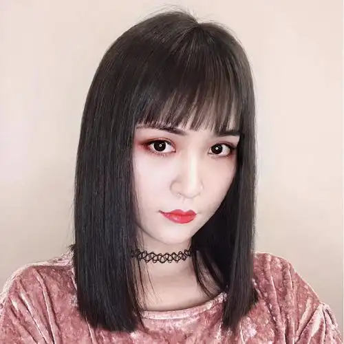一刀切假发女短发自然少女空气齐刘海长直发网红时尚中长发全头套