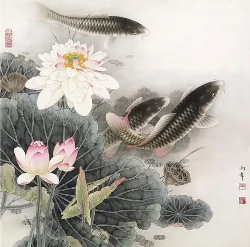 路雨年 工笔荷花鲤鱼图