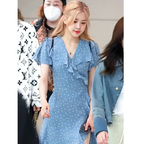 blackpink下摆雪纺荷叶连衣裙不规则蓝色rose连衣裙
