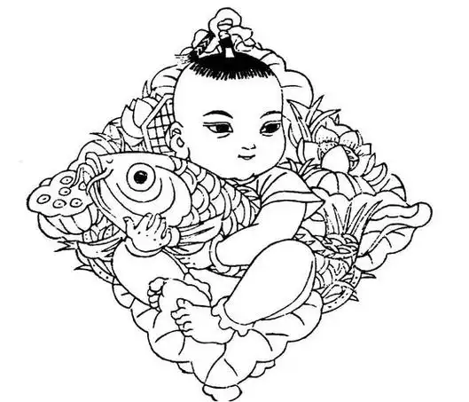 这幅画种的娃娃抱着一条长长的鲶鱼,像是告诉大家