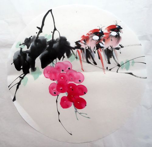 【8墨锦轩】特价国画字画仿少昂纯手绘圆形花鸟画小品约33厘米1