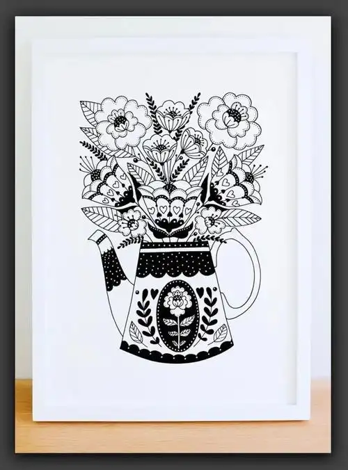 针管笔|黑白线条花卉图案装饰画|郁金香创意线描装饰画的点,线,面是