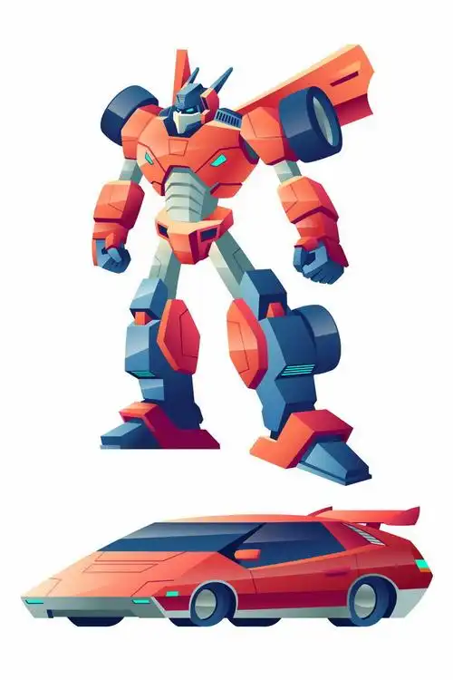 卡通漫画风格可以变形为红色跑车的变形金刚机器人图片png免抠素材