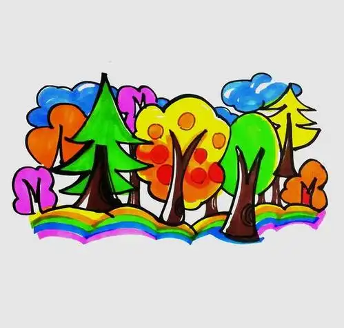 彩色树林的简笔画儿童画大森林简笔画树林场景简笔画彩色树林简笔画