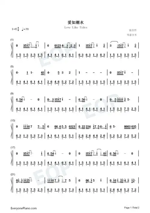爱如潮水-张信哲双手简谱预览1-钢琴谱文件(五线谱,双手简谱,数字谱