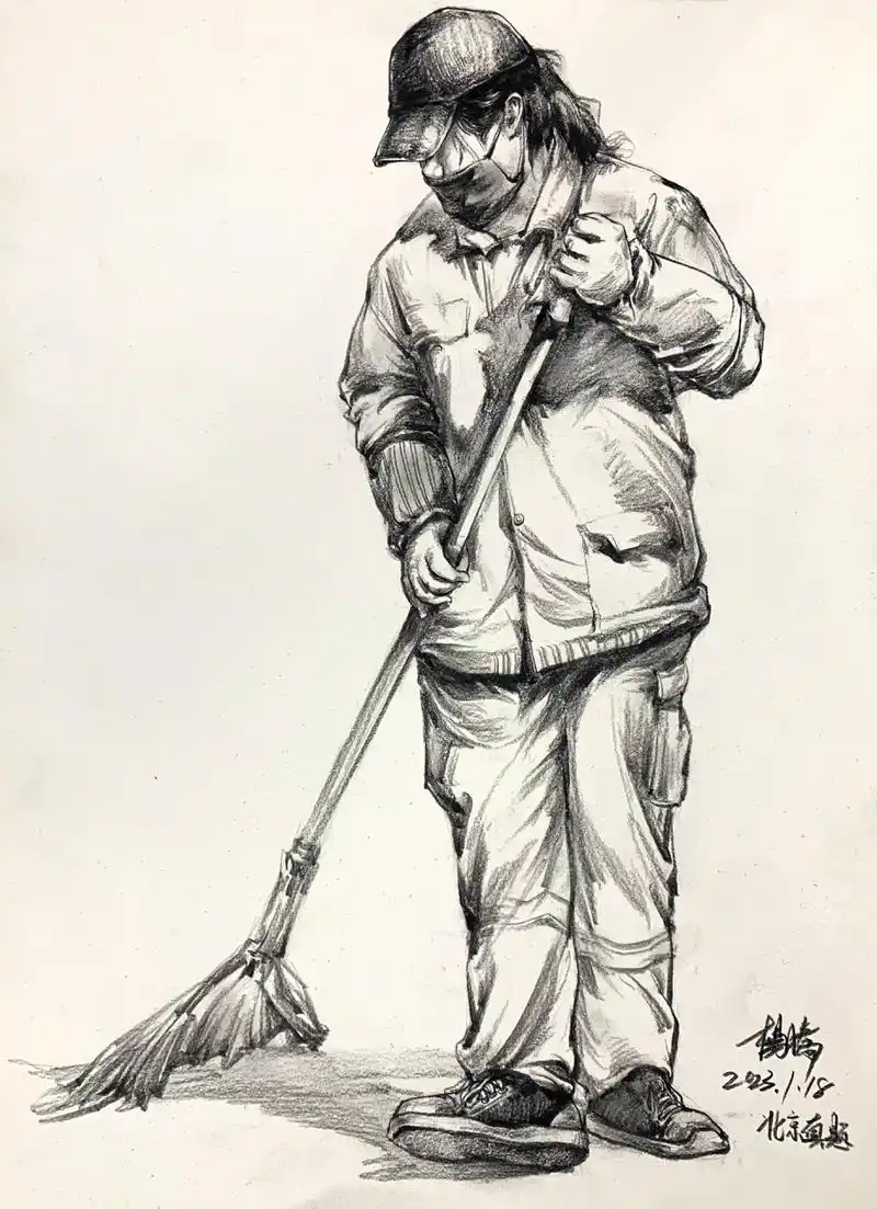 人物速写 扫地环卫工人 场景速写单人素材 北京联考真题示范:动态难度