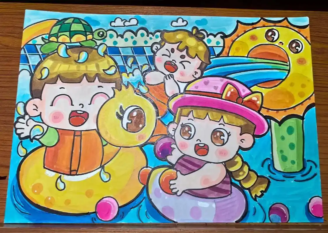 儿童画  96打卡画画第71566天 主题《冰凉一夏》 夏天就要玩水