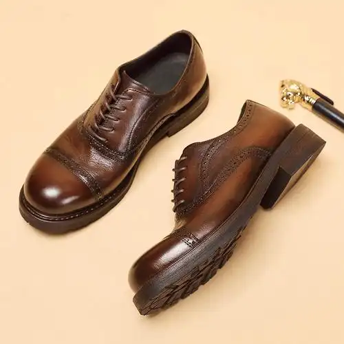 英伦布洛克男鞋真皮复古手工厚底休闲皮鞋三接头商务正装结婚鞋潮
