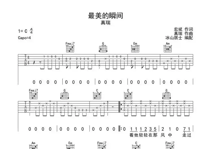 真瑞《最美的瞬间》吉他谱 - c调弹唱六线谱第1张