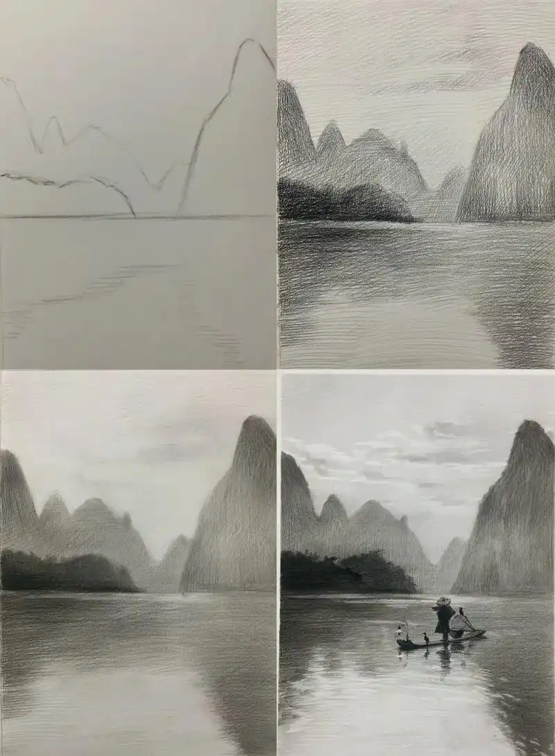 素描山水风景.这幅风景的起型相对简单,零基础也可以尝试的,上 - 抖音