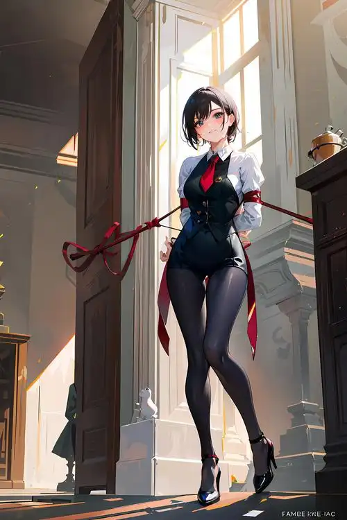 黑发少女被绳捆绑,高跟短发手腕抱胸眼神飘忽.插画图片壁纸