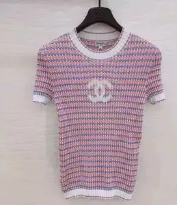 chanel香奈儿早春拼色logo短袖条纹淡粉色针织衫女上衣