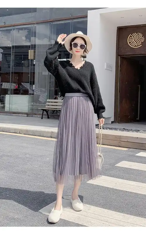 2020两面穿金丝绒网纱半身裙女秋冬中长款纱裙百褶裙